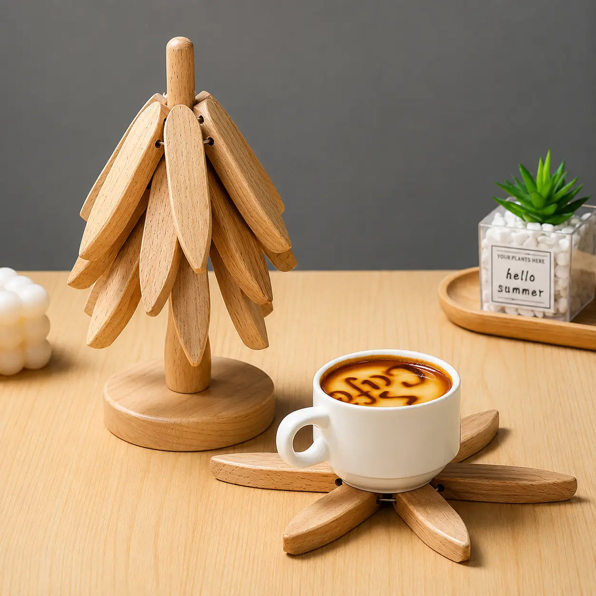 Foldable Wooden Tree Trivet & Coaster Set – Heat-Resistant Table Protector
