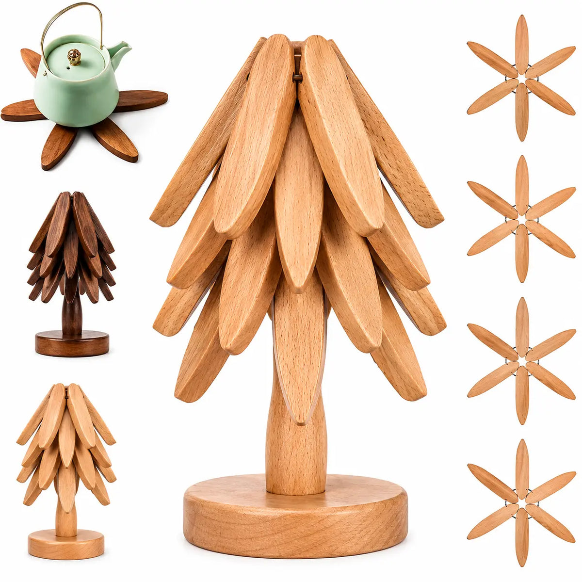 Foldable Wooden Tree Trivet & Coaster Set – Heat-Resistant Table Protector