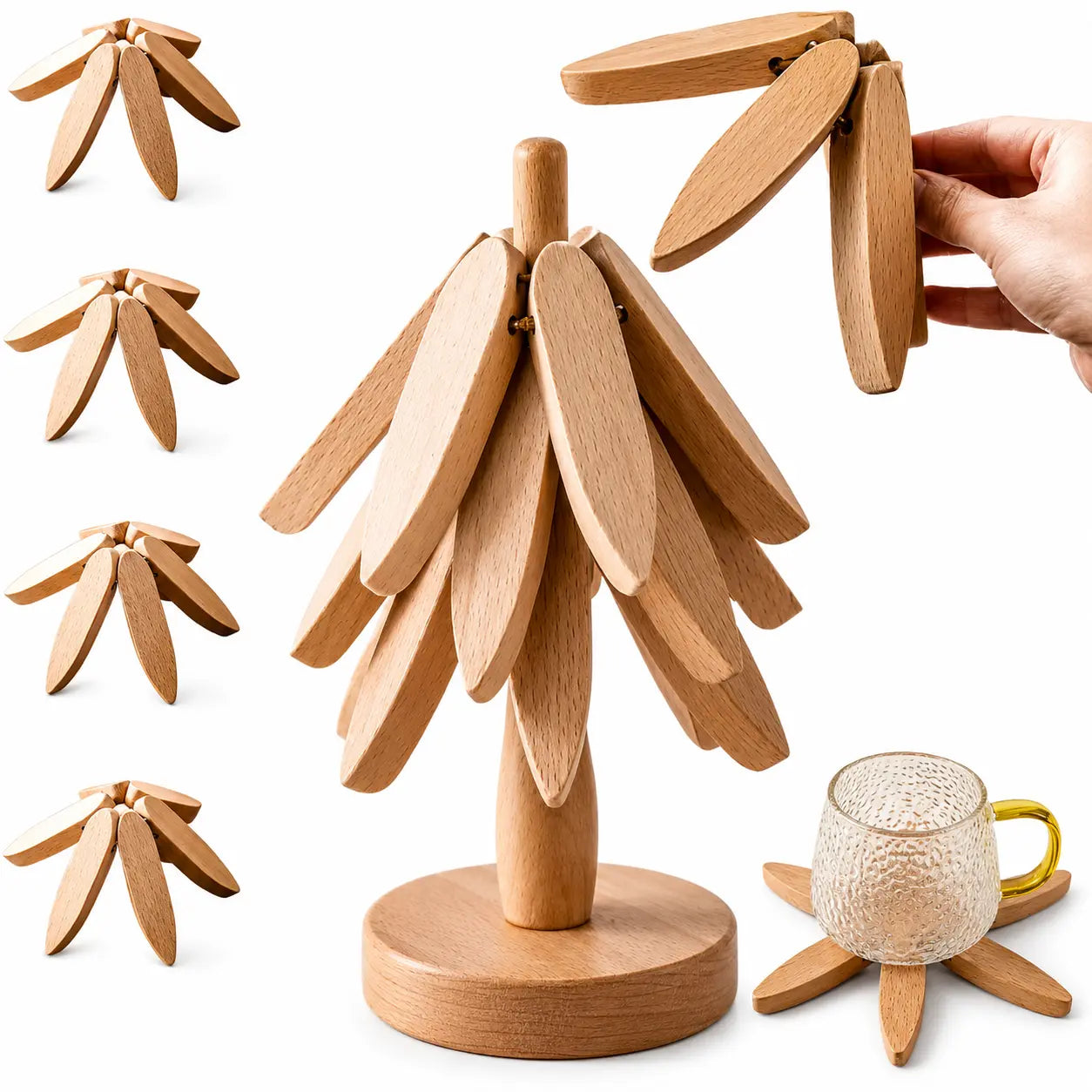 Foldable Wooden Tree Trivet & Coaster Set – Heat-Resistant Table Protector